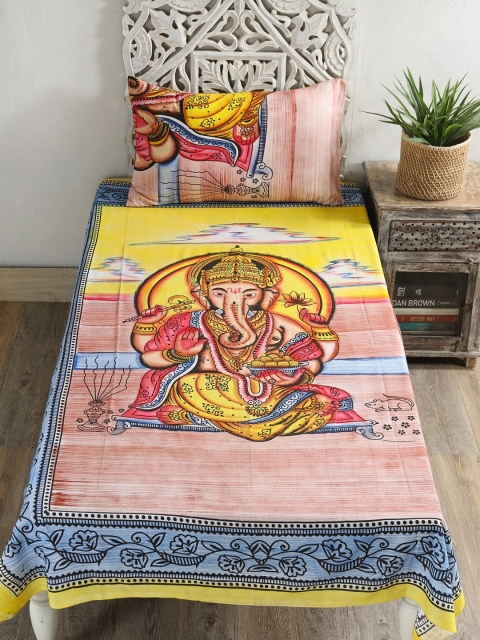 

HANDICRAFT PALACE Ganesha Printed 144 TC Cotton Single Bedsheet with 1 Pillow Covers, Yellow