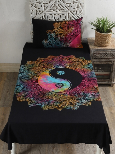 

HANDICRAFT PALACE Ethnic Motifs 144 TC Cotton Single Bedsheet with 1 Pillow Covers, Black