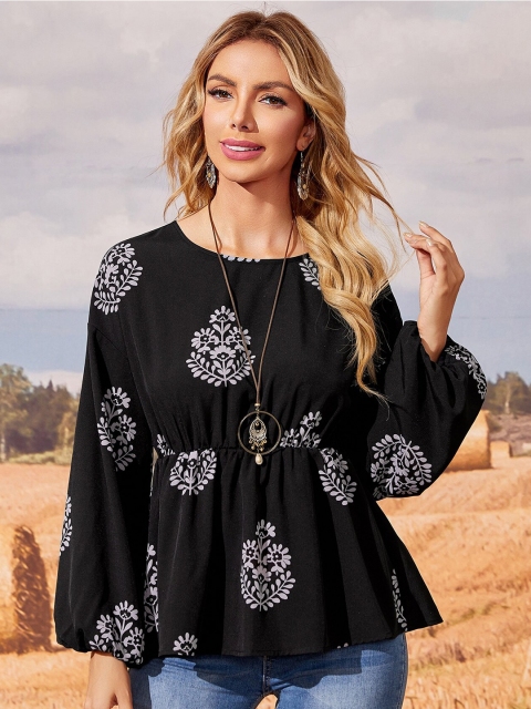 

Taswak Women Black & White Floral Printed Cinched Waist Top