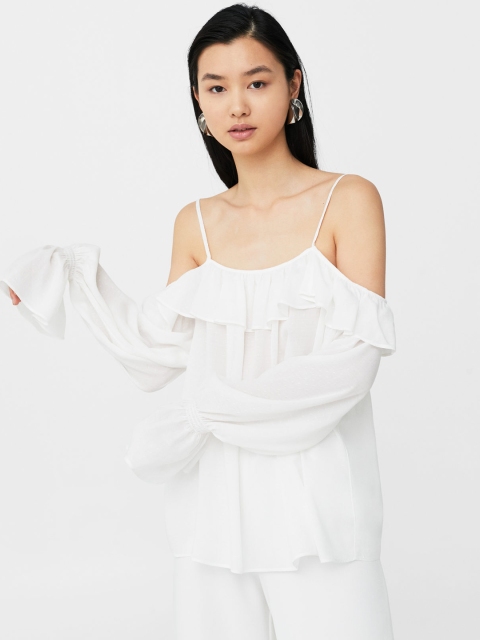 

MANGO Women White Self-Design Cold-Shoulder Top