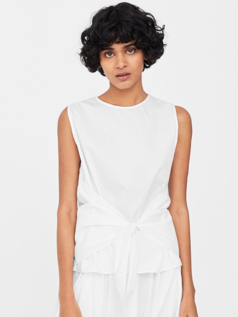 

MANGO Women White Solid Top with Tie-Up Detail