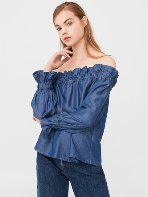 

MANGO Women Blue Solid Bardot Top