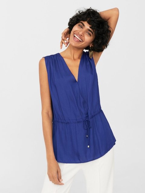 

MANGO Women Blue Solid Cinched Waist Top