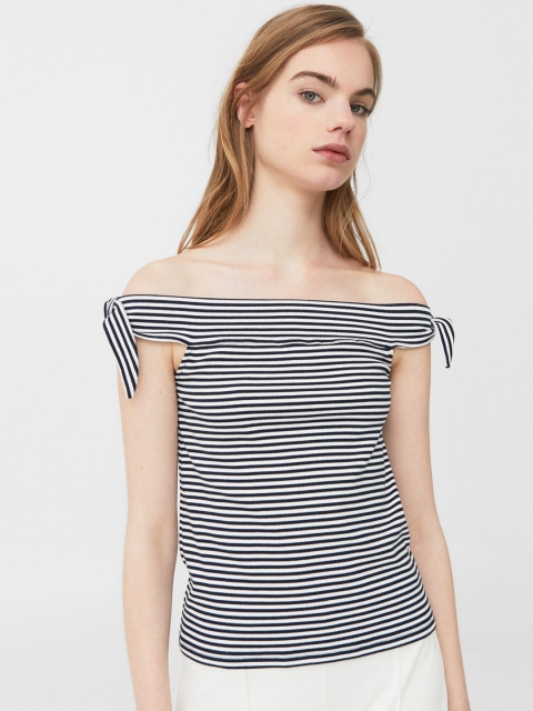 

MANGO Women Navy & White Striped Bardot Top, Navy blue