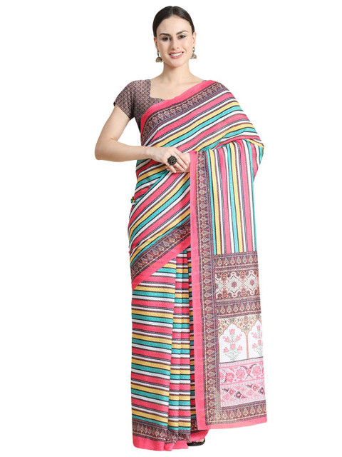 

OFFIRA TEX WORLD Pink & Green Striped Art Silk Saree