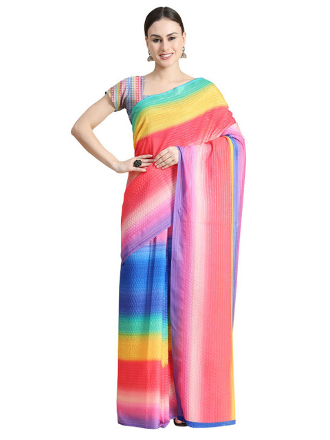 

OFFIRA TEX WORLD Pink & Blue Striped Sequinned Art Silk Saree