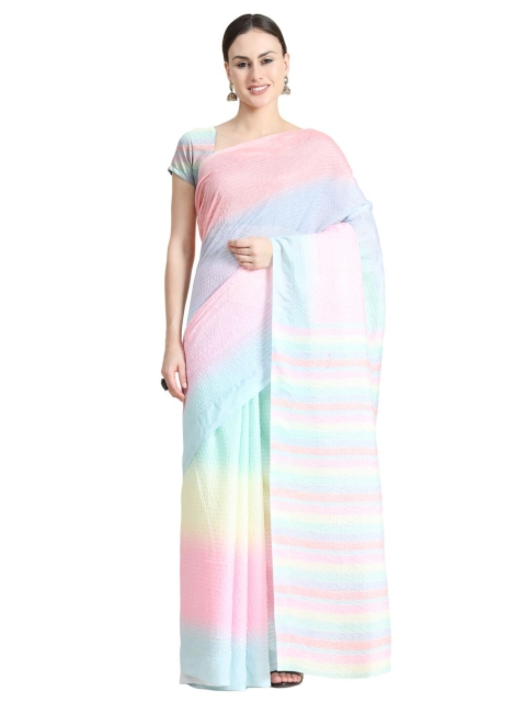 

OFFIRA TEX WORLD Pink & Blue Striped Art Silk Saree