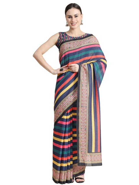 

OFFIRA TEX WORLD Blue & Yellow Striped Art Silk Saree