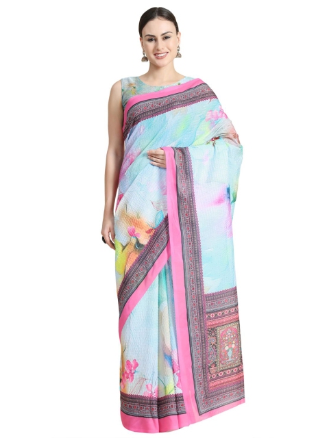 

OFFIRA TEX WORLD Blue & Pink Floral Art Silk Saree