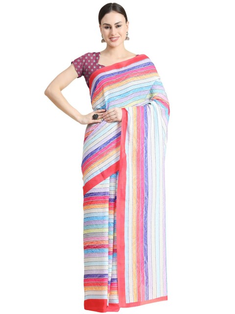 

OFFIRA TEX WORLD Pink & Blue Striped Art Silk Saree