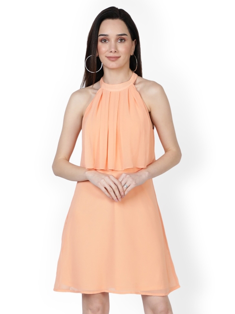 

NUEVOSDAMAS Peach-Coloured Georgette A-Line Dress