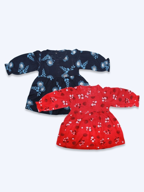 

Born Babies Pack of 2 Girls Navy Blue and Red Printed Full Sleeve Casual Cotton Dress