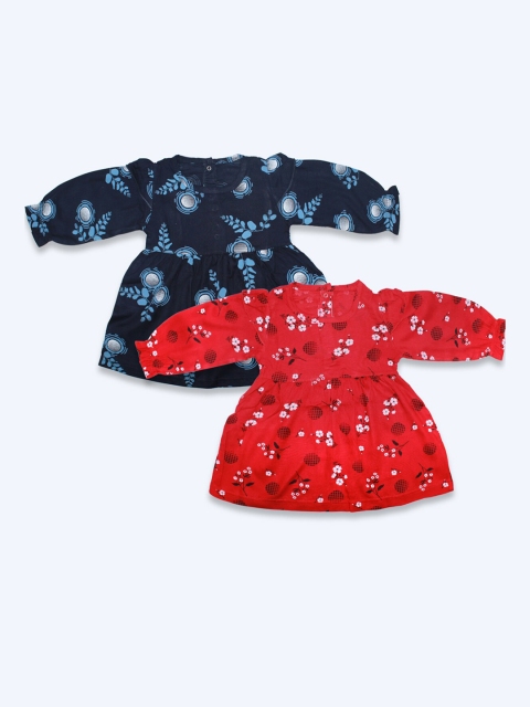 

Born Babies Pack of 2 Girls Navy Blue and Red Printed Full Sleeve Casual Cotton Dress