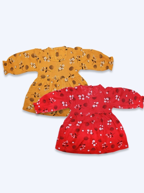 

Born Babies Pack of 2 Girls Yellow and Red Printed Full Sleeve Casual Cotton Dress