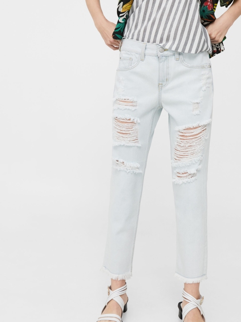 

MANGO Women Blue Relaxed Fit Mid-Rise Highly Distressed Jeans
