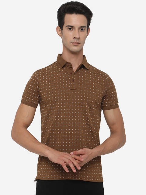 

JADE BLUE Plus size Men Brown Printed Polo Collar Slim Fit Cotton T-shirt