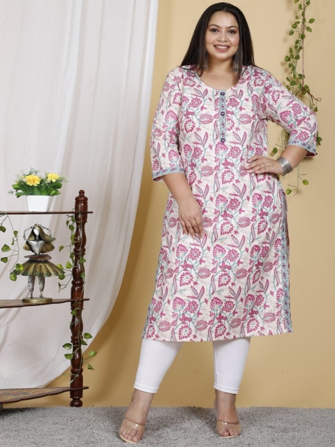 

PNEHA Women Plus Size Pink & Off White Floral Printed Floral Kurta