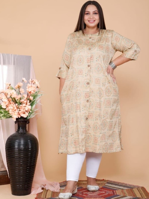 

PNEHA Women Plus Size Beige Ethnic Motifs Printed Pastels Kurta