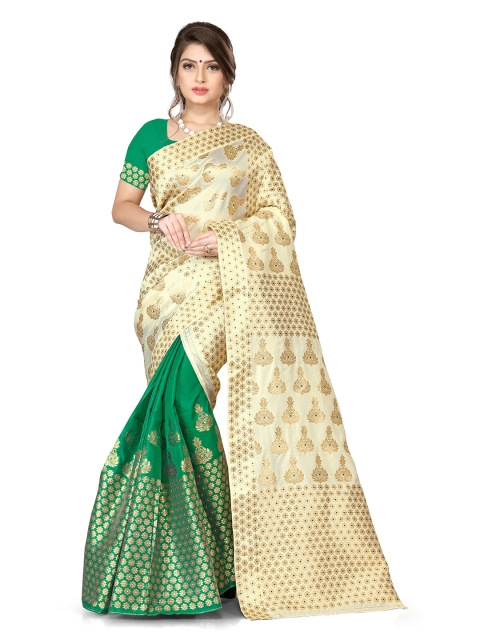 

Skirans Cream-Coloured & Green Woven Design Zari Saree