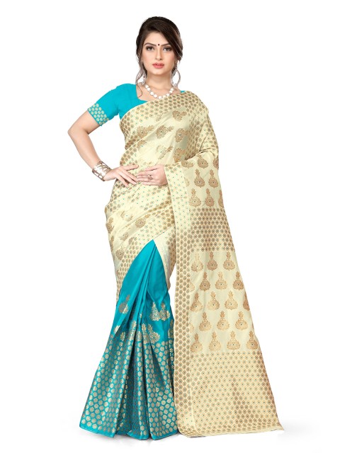 

Skirans Cream-Coloured & Blue Woven Design Zari Saree