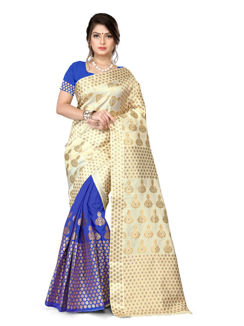 

Skirans Cream-Coloured & Blue Woven Design Zari Saree