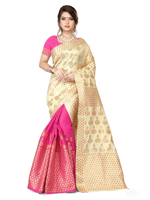 

Skirans Cream-Coloured & Pink Woven Design Zari Saree