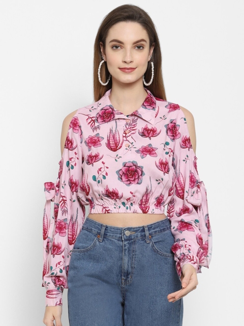 

VALBONE Women Pink And Red Floral Print Cold Shoulder Blouson Crop Top