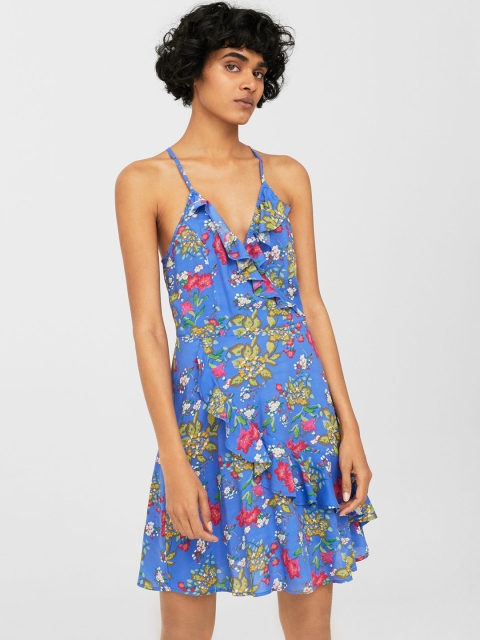 

MANGO Women Blue Floral Print Ruffled Fit and Flare Dress