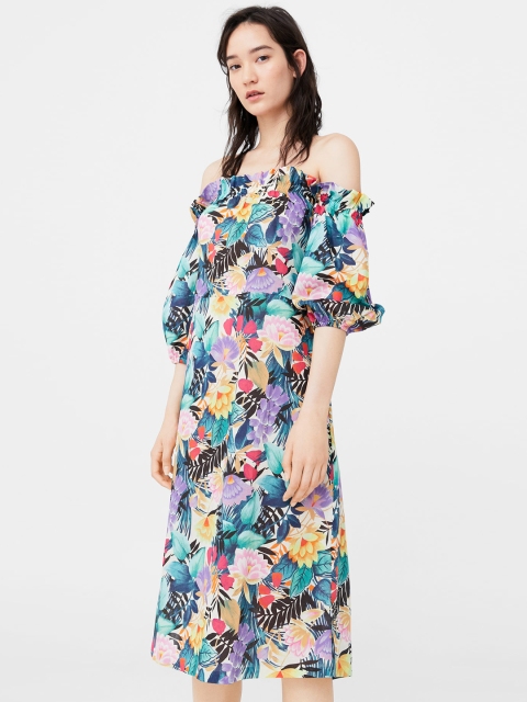 

MANGO Women Multicoloured Floral Print Off-Shoulder A-Line Dress, Multi