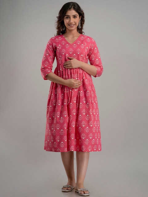

misbis Women Pink Floral Maternity Empire Midi Dress