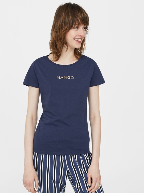 

MANGO Women Navy Blue Solid Round Neck T-shirt