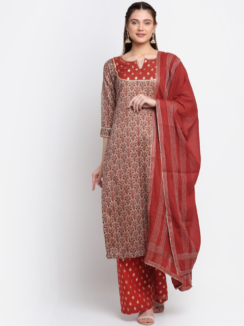 

anokherang Women Rust Ethnic Motifs Printed Chanderi Silk Kurta with Palazzo With Dupatta
