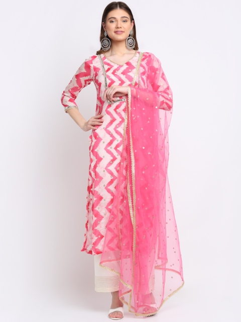 

anokherang Women Pink Printed Mirror Work Kurta with Palazzo & Dupatta