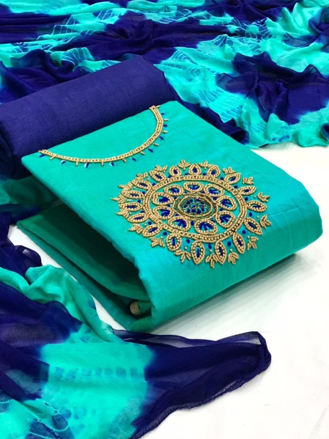 

MORLY Women Turquoise Blue & Blue Embellished Unstitched Dress Material