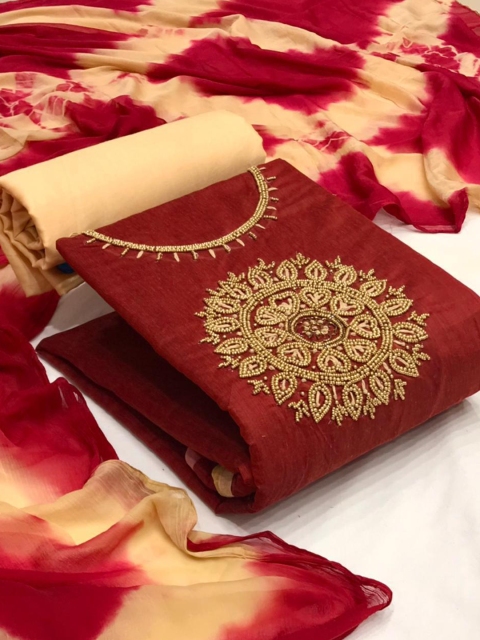 

MORLY Maroon & Gold-Toned Embellished Unstitched Dress Material