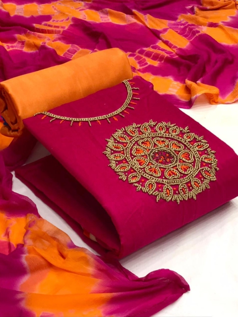 

MORLY Pink & Orange Embellished Unstitched Dress Material