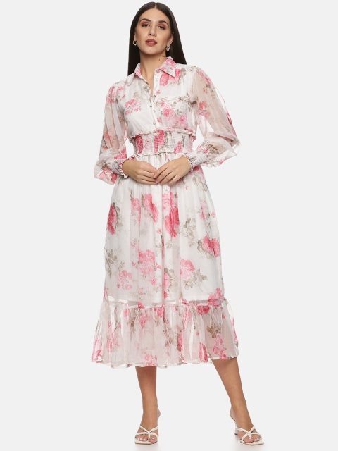 

ISU White Floral Chiffon Midi Dress
