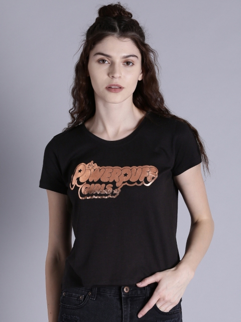 

Powerpuff Girls by Kook N Keech Powerpuff Girls Women Black Printed Round Neck Cropped Pure Cotton T-shirt