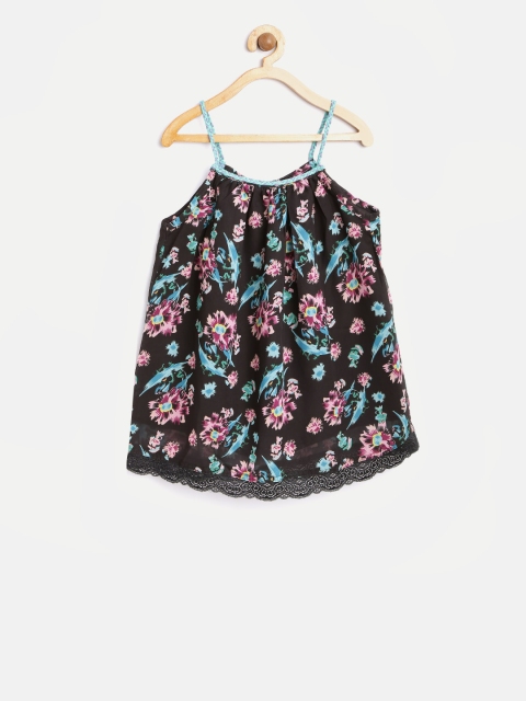

612 league Girls Black Floral Print A-Line Top