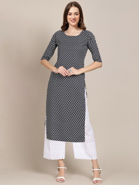 

Ethnic basket Women Pack of 5 Printed Block Print Crepe Kurtas, Black