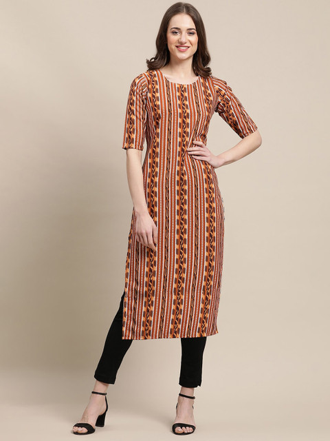 

Ethnic basket Women Multicoloured Paisley Yoke Design Thread Work Block Print Crepe Kurta, Multi