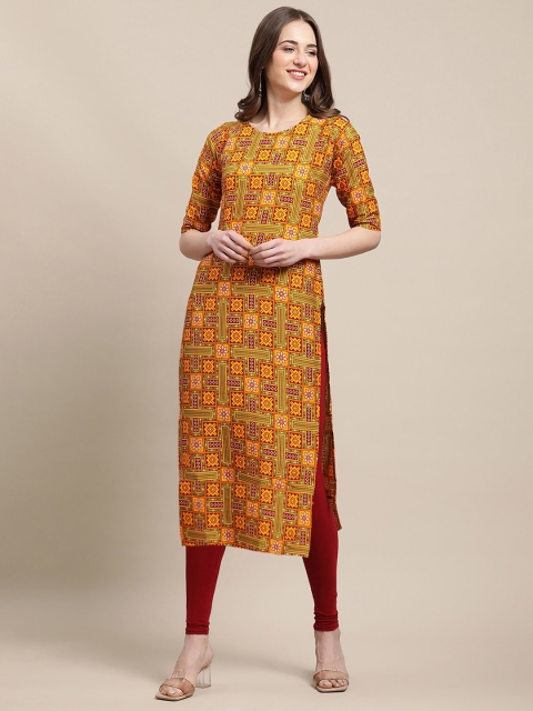 

Ethnic basket Women Mustard Yellow & Beige Pack of 5 Floral Printed Crepe Kurta