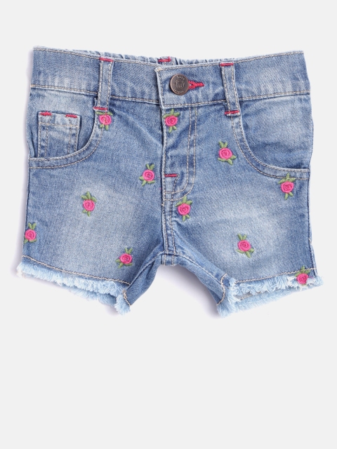 

612 league Girls Blue Floral Embroidered Frayed Denim Shorts
