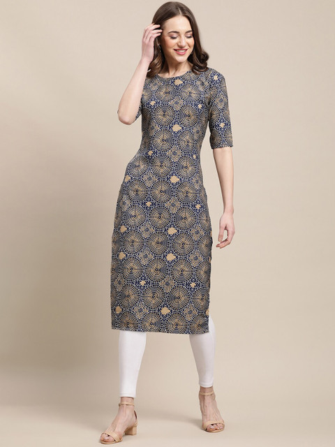 

Ethnic basket Women Multicoloured Ethnic Motifs Printed Flared Sleeves Mirror Work Block Print Crepe Kurta, Multi