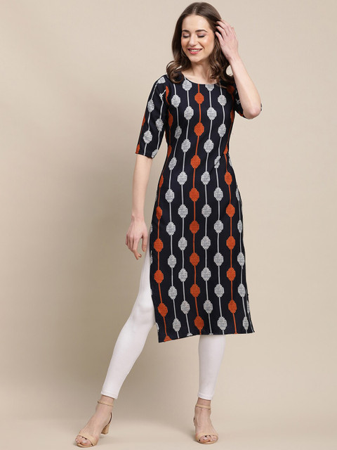 

Ethnic basket Women Multicoloured Geometric Printed Chikankari Block Print Crepe Kurta, Multi