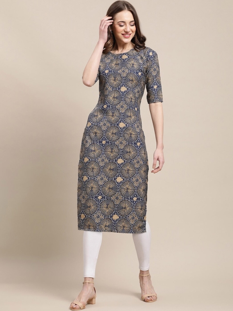 

Ethnic basket Women Pack of 5 Navy Blue & Yellow Printed Block Print Crepe Kurta