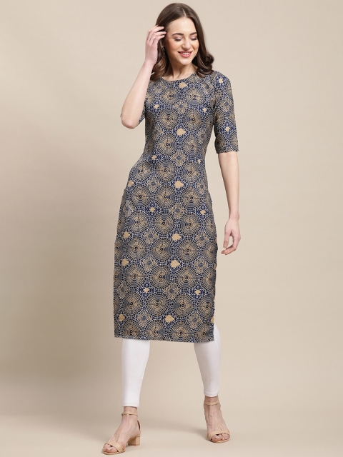 

Ethnic basket Women Pack of 5 Navy Blue & Yellow Printed Crepe Kurta