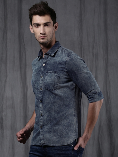 

WROGN Men Blue Slim Fit Self Design Casual Shirt