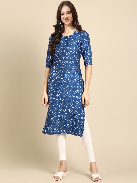 

Ethnic basket Women Blue & Purple Pack Of 5 Geometric Printed Block Print Crepe Kurta