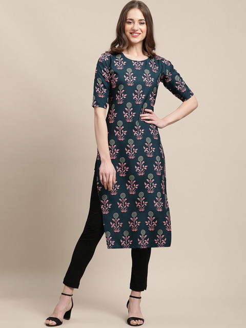 

Ethnic basket Women Green & Black Pack of 5 Floral Printed Crepe Kurta